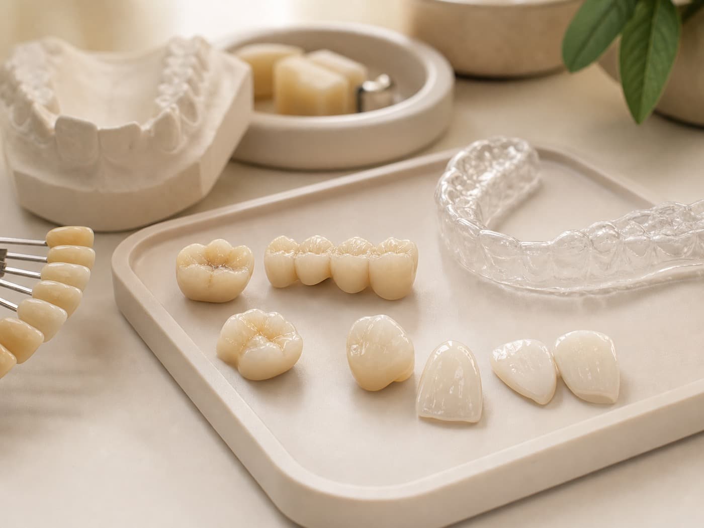 Tray of finished dental restorations ready for delivery